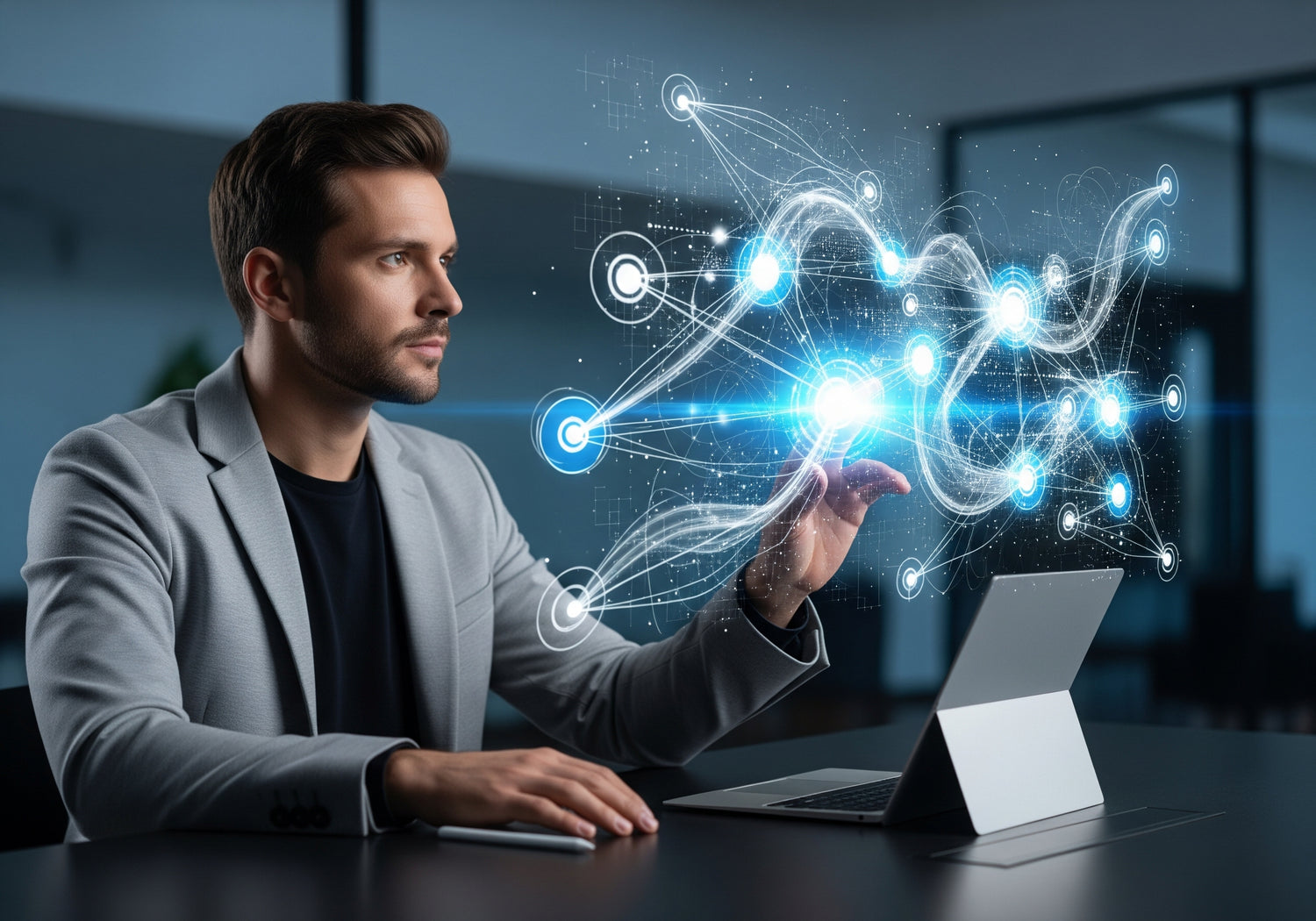 Man using a laptop with futuristic network graphics in an office setting. Ability Audit All Jobs - AI-Driven Interview Practice. Find Your Fit Before You Search. Order Your Assessment Now