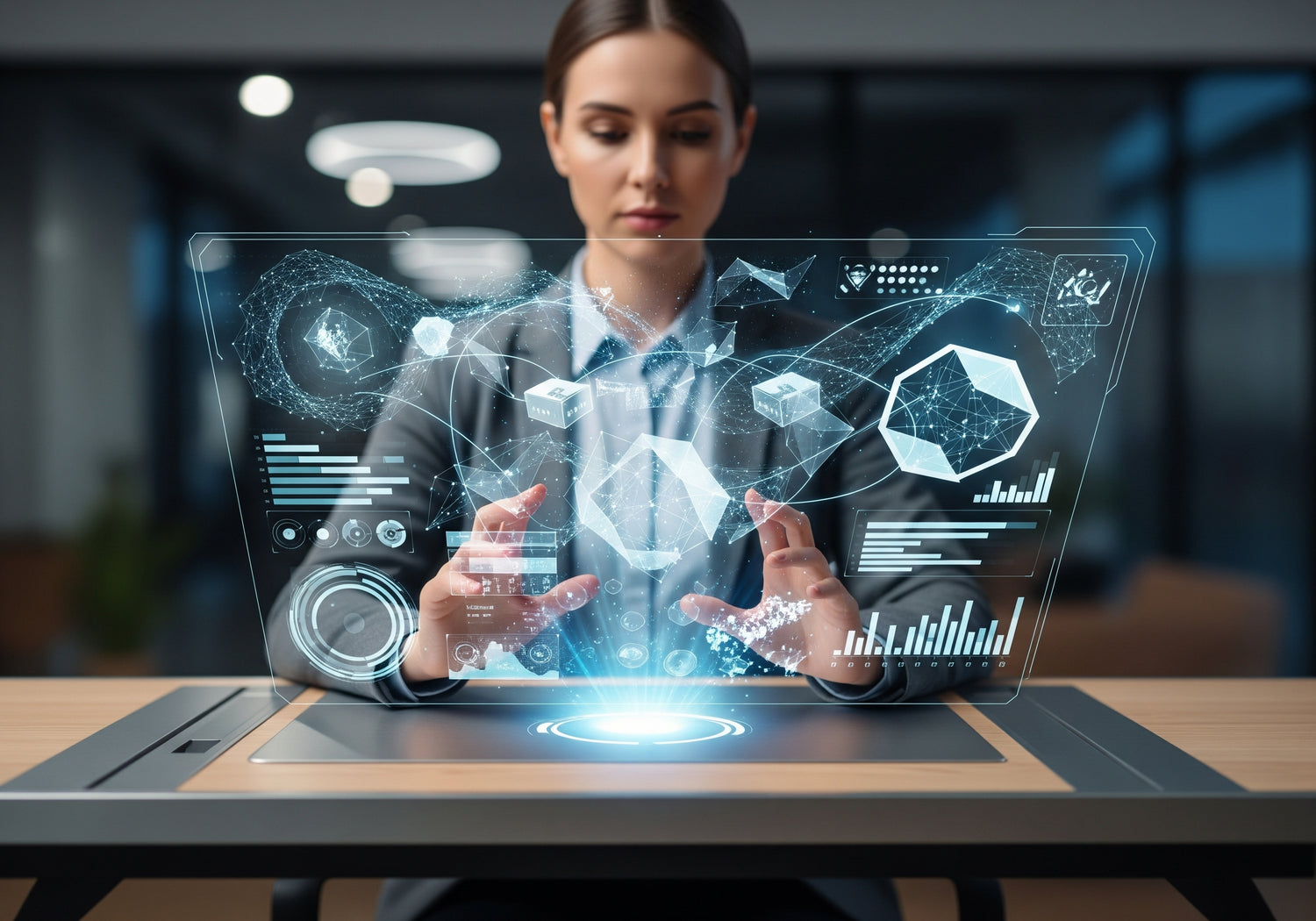 Woman interacting with futuristic holographic interface in a modern office setting. Ability Audit All Jobs - AI-Driven Interview Practice. Find Your Fit Before You Search. Order Your Assessment Now