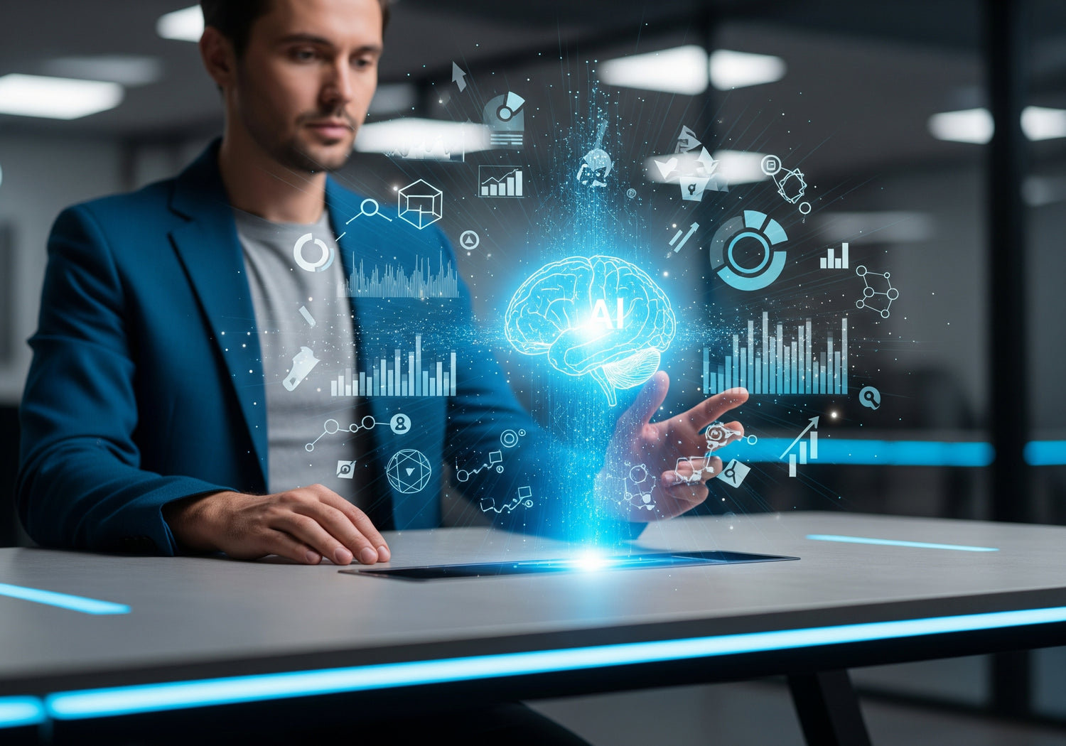 Man interacting with a futuristic interface displaying brain and data graphics. Ability Audit All Jobs - AI-Driven Interview Practice. Find Your Fit Before You Search. Order Your Assessment Now.