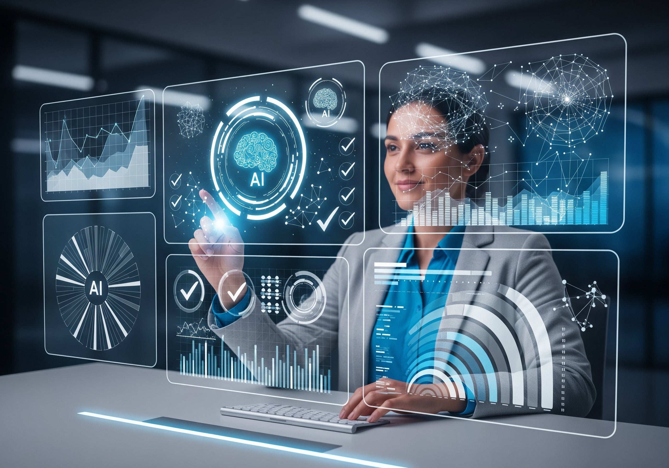 Woman using futuristic AI interface with digital graphics in a dark room. Ability Audit All Jobs - AI-Driven Interview Practice. Find Your Fit Before You Search. Order Your Assessment Now.