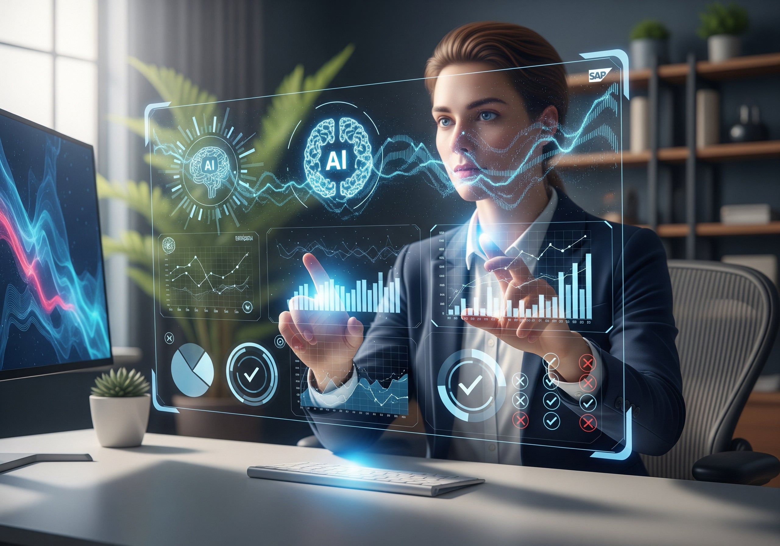 Woman interacting with futuristic AI interface in a modern office setting. Ability Audit All Jobs - AI-Driven Interview Practice. Find Your Fit Before You Search. Order Your Assessment Now.