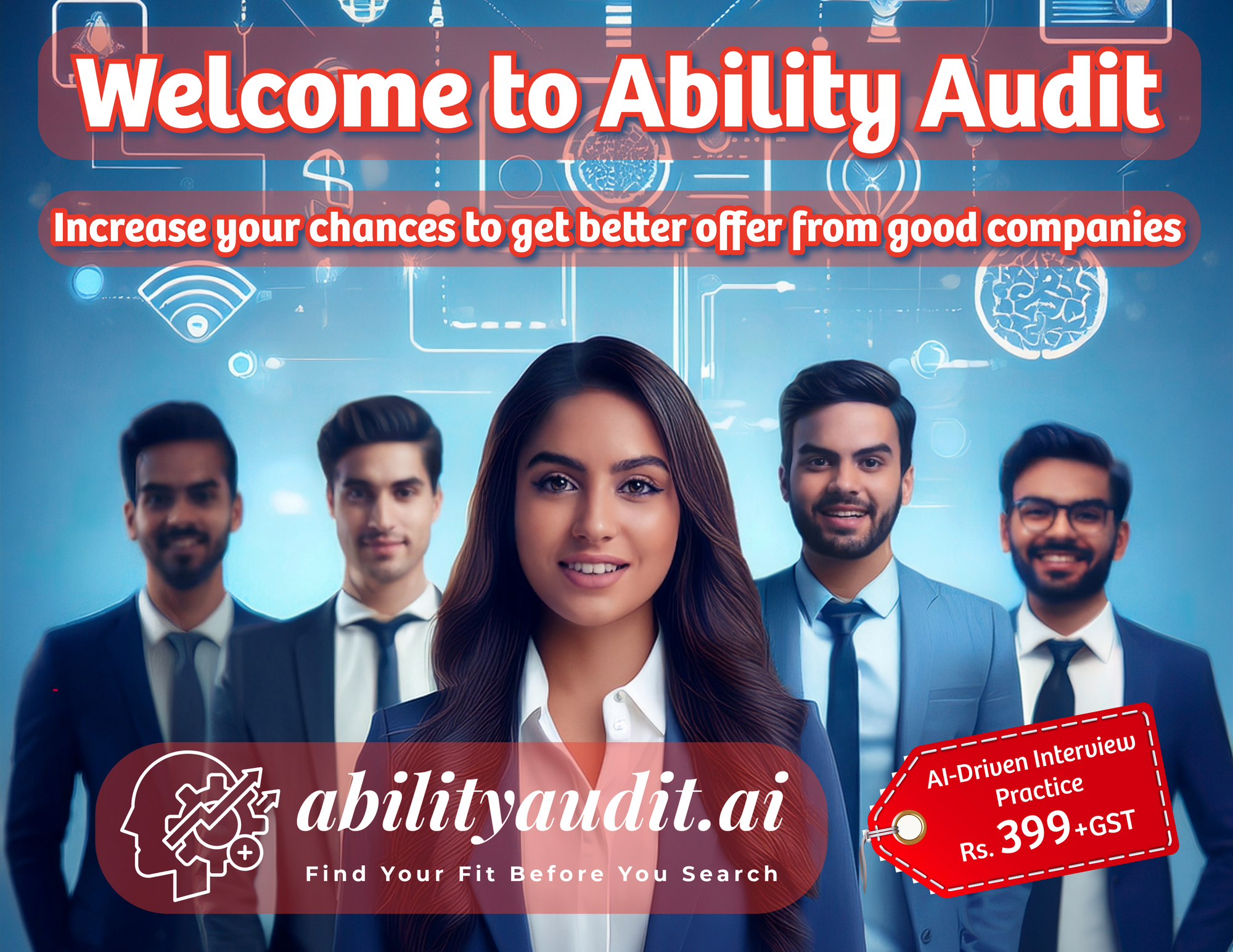 Promotional image for Ability Audit with a woman in front and four men behind, featuring technology-themed graphics.