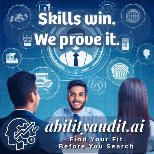 Promotional graphic for abilityaudit.ai with three people in a discussion and various icons on a blue background. Ability Audit All Jobs - AI-Driven Interview Practice. Find Your Fit Before You Search. Order Your Assessment Now. Skill win. We prove it.