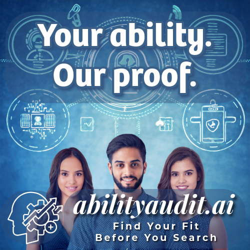 Promotional graphic for abilityaudit.ai with three people and a blue background with icons. Ability Audit All Jobs - AI-Driven Interview Practice. Find Your Fit Before You Search. Order Your Assessment Now. Your Ability Our Proof