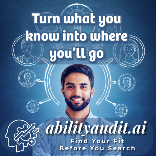 Man with text 'Turn what you know into where you'll go' and 'abilityaudit.ai' on a blue background. Ability Audit All Jobs - AI-Driven Interview Practice. Find Your Fit Before You Search. Order Your Assessment Now
