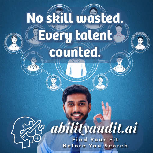Man with a beard and mustache in front of a blue background with text and icons, featuring the brand 'abilityaudit.ai'. No Skill wasted every talent count. Ability Audit All Jobs - AI-Driven Interview Practice. Find Your Fit Before You Search. Order Your Assessment Now
