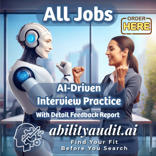 Robot and woman fist bumping with text about AI-driven interview practice and abilityaudit.ai. All Jobs - AI-Driven Interview Practice