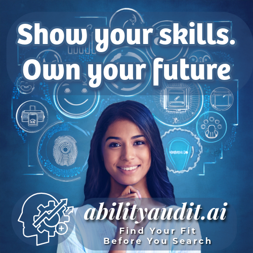 Promotional graphic with a woman and motivational text on a blue background, featuring the brand 'abilityaudit.ai'. Ability Audit All Jobs - AI-Driven Interview Practice. Find Your Fit Before You Search. Order Your Assessment Now Show Your Skill Own Your Skills